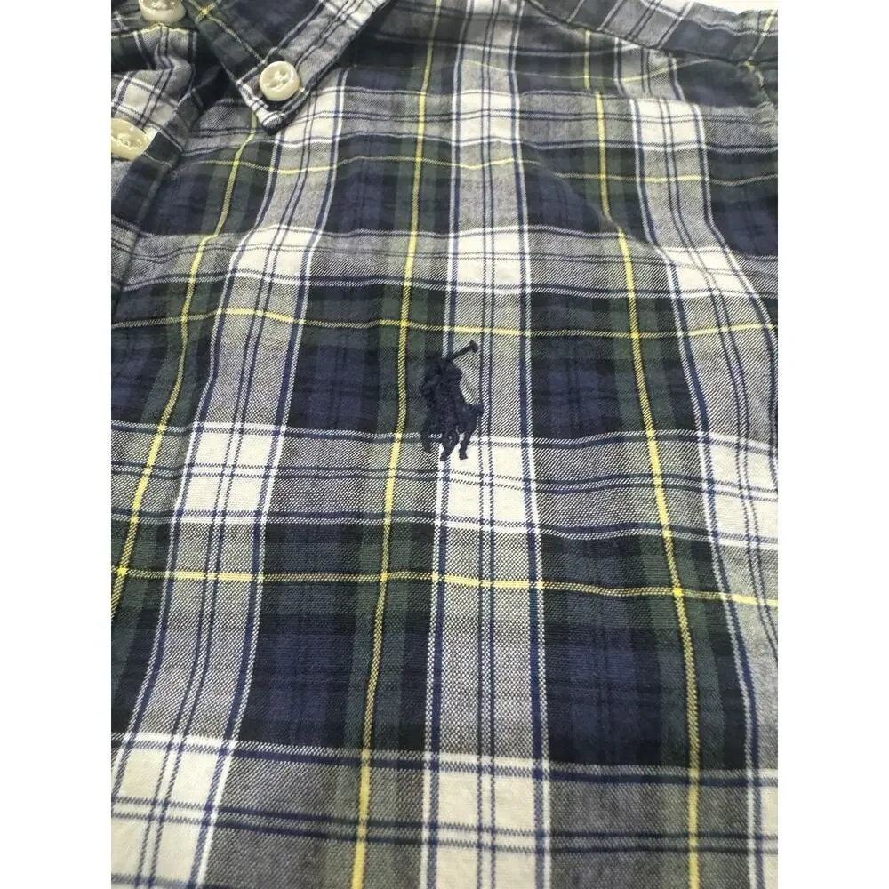 Ralph Lauren Boys Plaid Button Down Shirt 4T Navy Green Cotton Logo